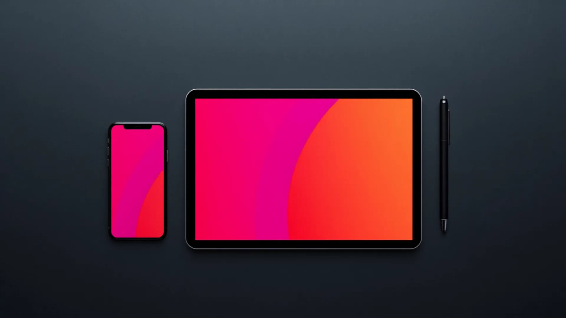 Tablet and phone on a desk displaying colourful social media templates and ad graphics