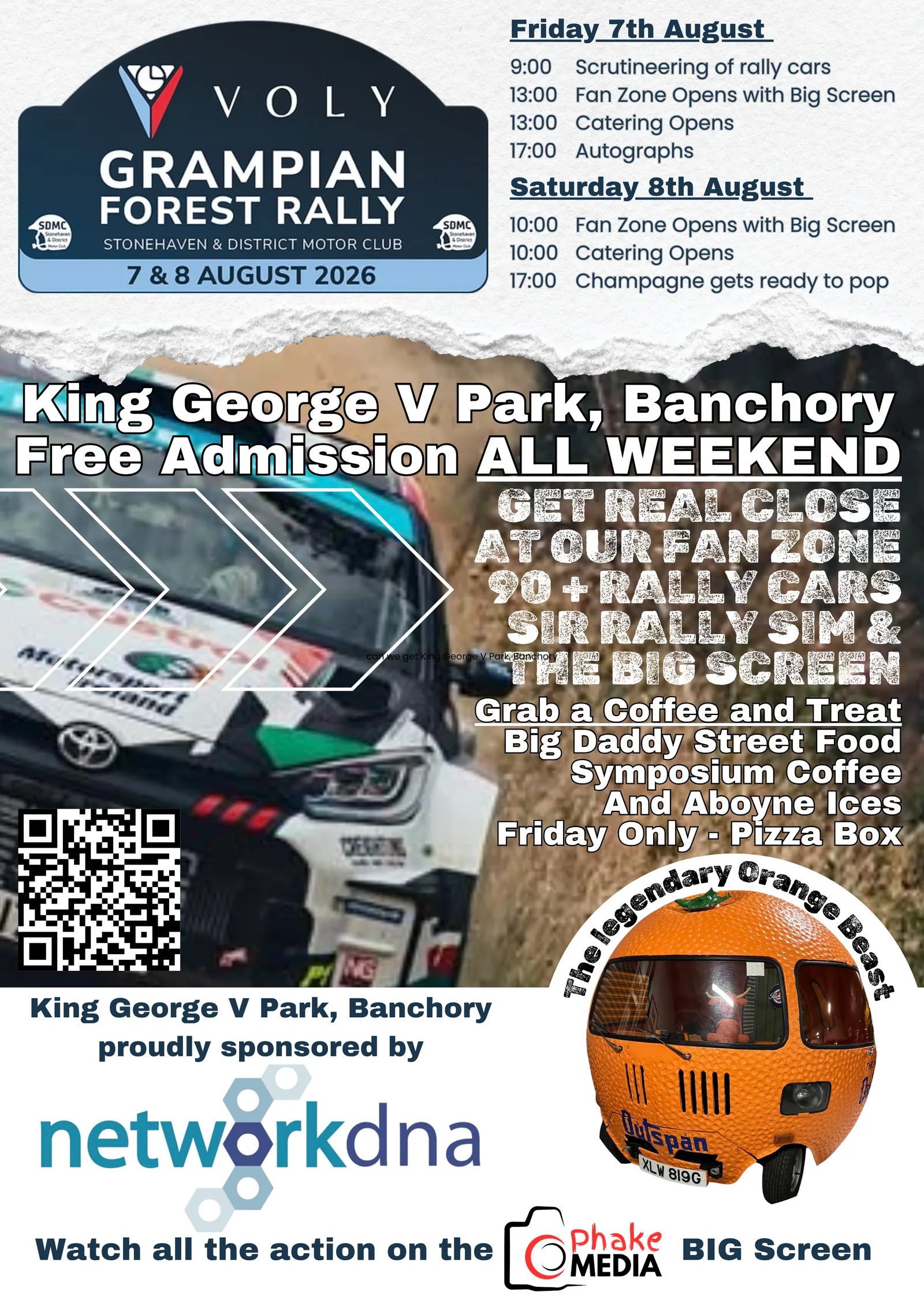 2026 fan zone poster: 90+ rally cars, live on the Phake Media big screen